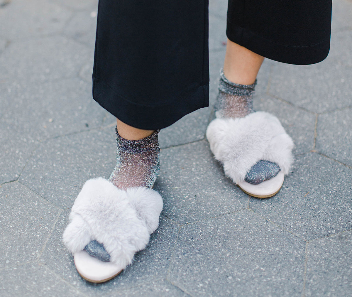 Women's The Adela Mule Hard Criss-Cross Faux Fur Sole Slippers : Color: Gray