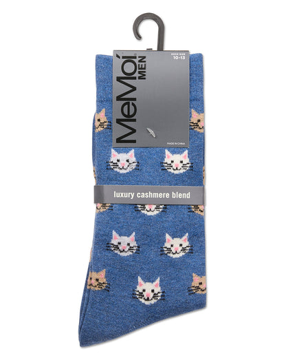 Men's Cat Face Cashmere Crew Socks : Color: Denim Heather