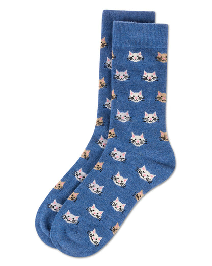 Men's Cat Face Cashmere Crew Socks : Color: Denim Heather