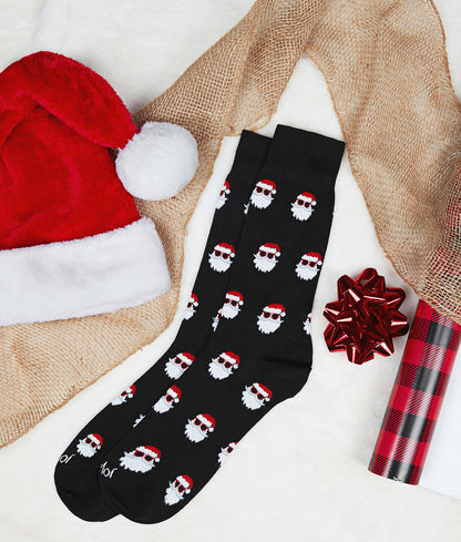 Men's Festive Funny Santa Shades Novelty Crew Socks : Color: Black