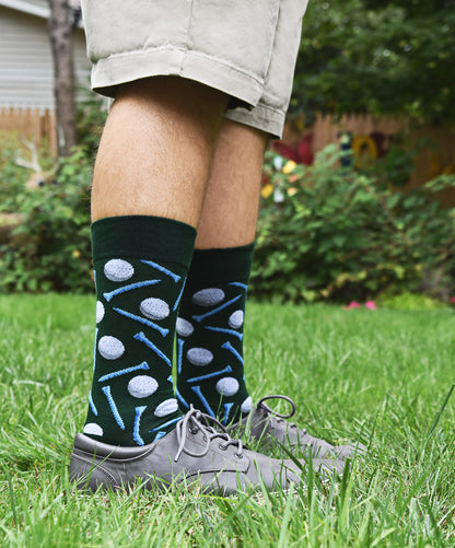 Men's "Golf Ball and Tee" Rayon from Bamboo Blend Novelty Crew Sock : Color: Dark Green