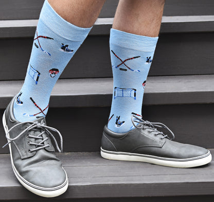 Men's "Hockey Lovers" Rayon from Bamboo Blend Novelty Crew Sock : Color: Light Blue