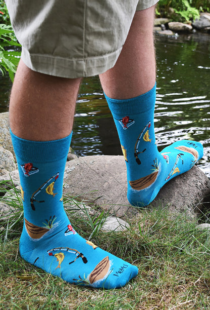 Men's It's Fishing Time Bamboo Blend Novelty Crew Sock : Color: Capri Breeze