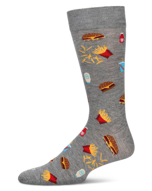 Men's Burgers & Fries Rayon From Bamboo Crew Socks : Color: Med Gray Heather