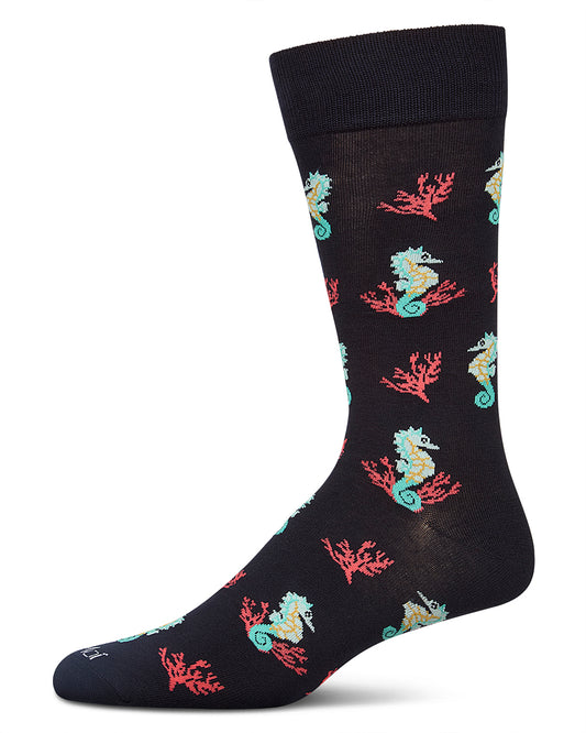 Men`s Seahorses Rayon from Bamboo Crew Socks : Color: Navy