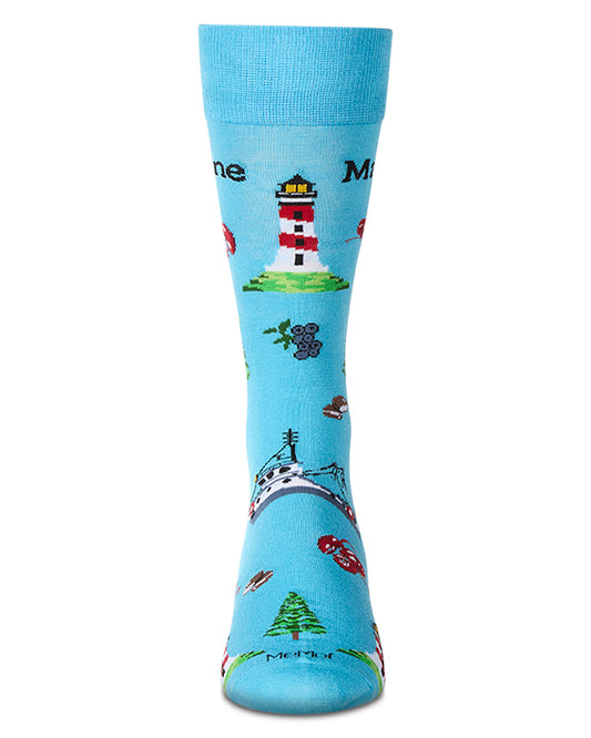Men's Maine Themed Rayon Blend Novelty Crew Sock : Color: Blue Grotto