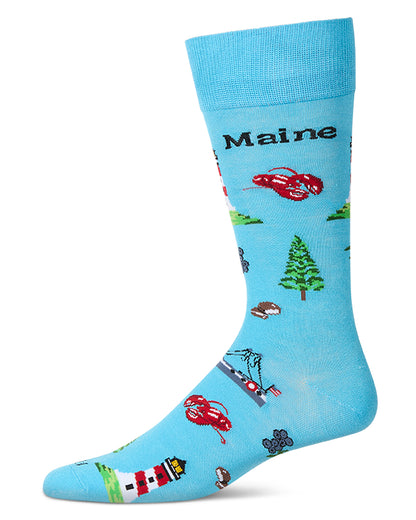 Men's Maine Themed Rayon Blend Novelty Crew Sock : Color: Blue Grotto