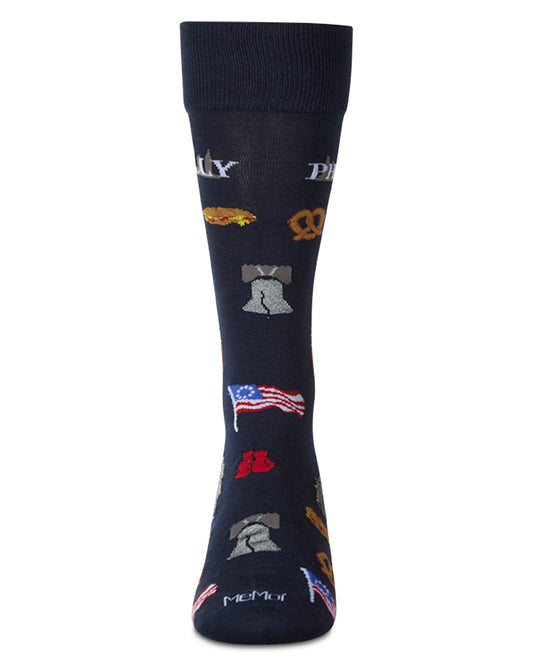 Men's Philly Themed Rayon Blend Novelty Crew Sock : Color: Navy