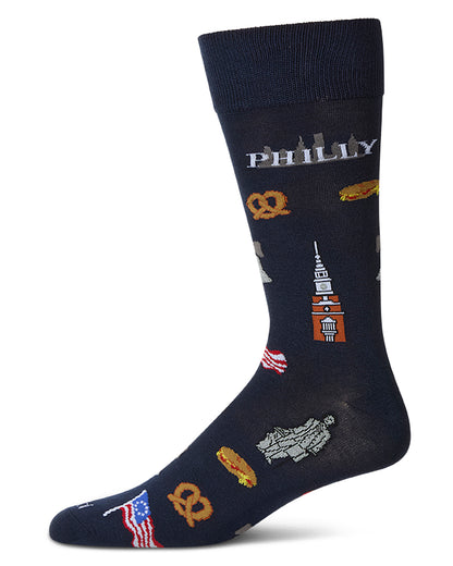 Men's Philly Themed Rayon Blend Novelty Crew Sock : Color: Navy
