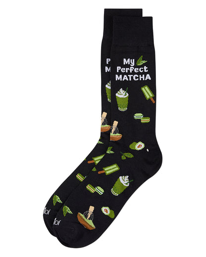 Men's "My Perfect Matcha" Rayon Blend Novelty Crew Sock : Color: Black