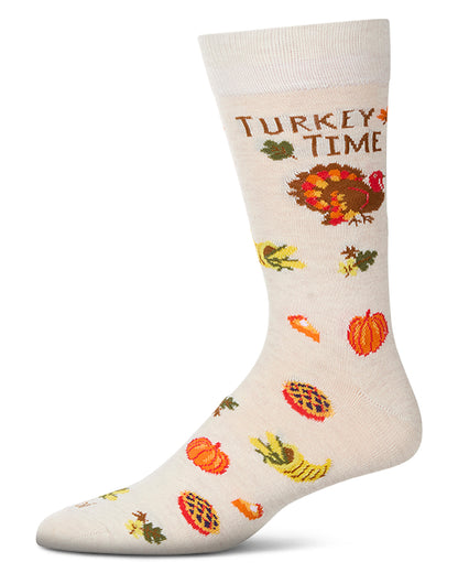 Men's "Turkey Time" Thanksgiving Holiday Novelty Crew Sock : Color: Ivory Heather