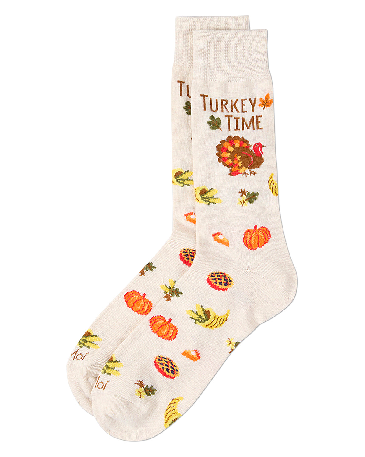 Men's "Turkey Time" Thanksgiving Holiday Novelty Crew Sock : Color: Ivory Heather