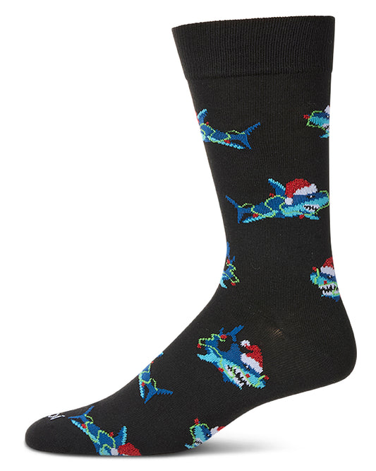 Men's "Santa Shark" Christmas Holiday Novelty Crew Sock : Color: Black