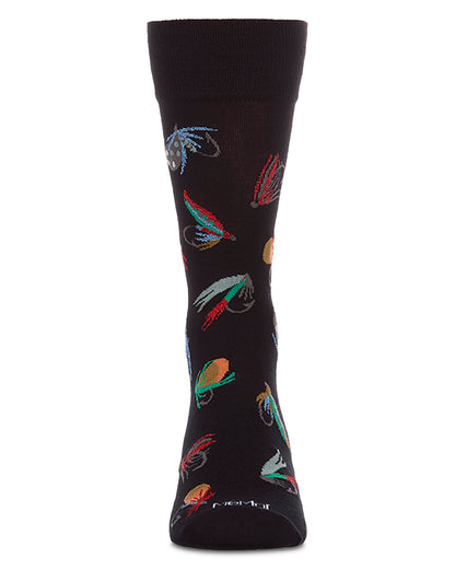 Men's Fly Fishing-Themed Rayon-Blend Fine-Gauge Novelty Crew Sock