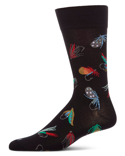 Men's Fly Fishing-Themed Rayon-Blend Fine-Gauge Novelty Crew Sock