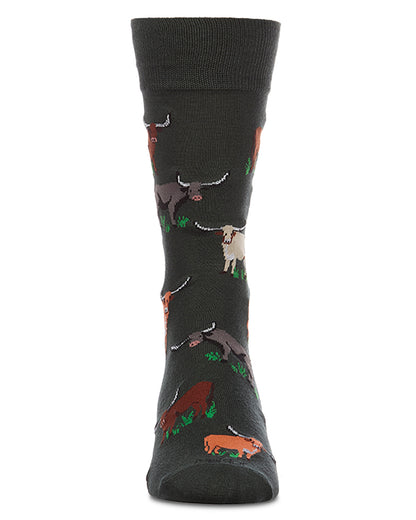 Men's Longhorn-Themed Rayon-Blend Fine-Gauge Novelty Crew Sock