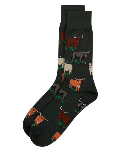 Men's Longhorn-Themed Rayon-Blend Fine-Gauge Novelty Crew Sock