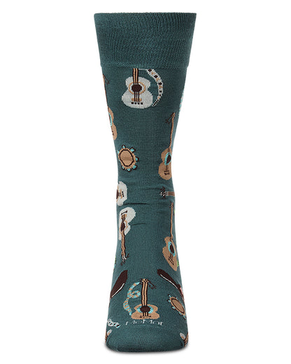Men's "Folk Guitars" Rayon-Blend Fine-Gauge Novelty Crew Socks