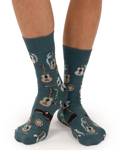Men's "Folk Guitars" Rayon-Blend Fine-Gauge Novelty Crew Socks