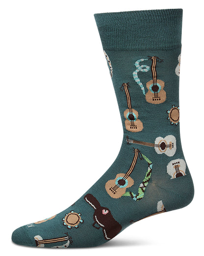 Men's "Folk Guitars" Rayon-Blend Fine-Gauge Novelty Crew Socks