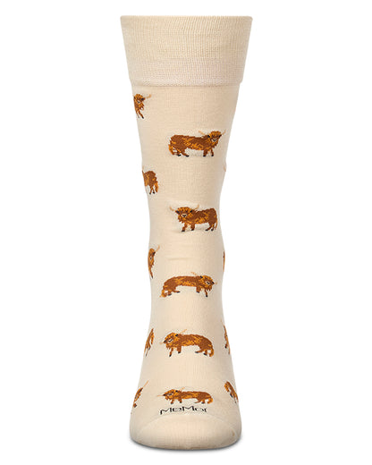 Men's "Highland Cows" Rayon-Blend Fine-Gauge Novelty Crew Sock