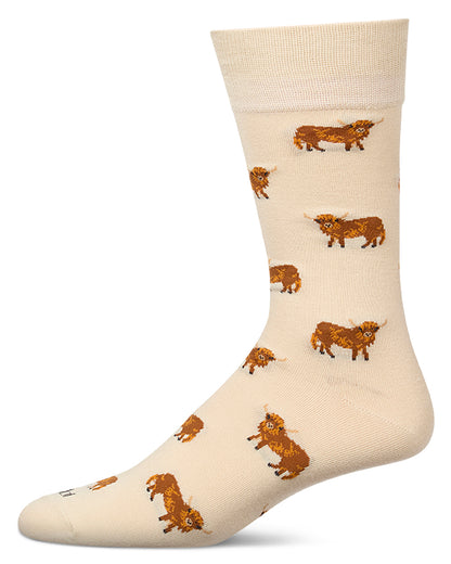 Men's "Highland Cows" Rayon-Blend Fine-Gauge Novelty Crew Sock