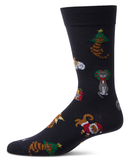 Men's "Holiday Hats On Cats" Fine-Gauge Novelty Crew Sock