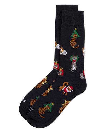 Men's "Holiday Hats On Cats" Fine-Gauge Novelty Crew Sock