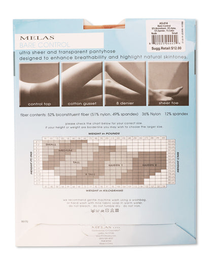 6 Pair Women's 8-Denier Bare Control Top Pantyhose