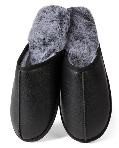 Vegan Leather Men's Plush Slipper : Color: Black