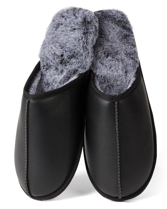 Vegan Leather Men's Plush Slipper : Color: Black