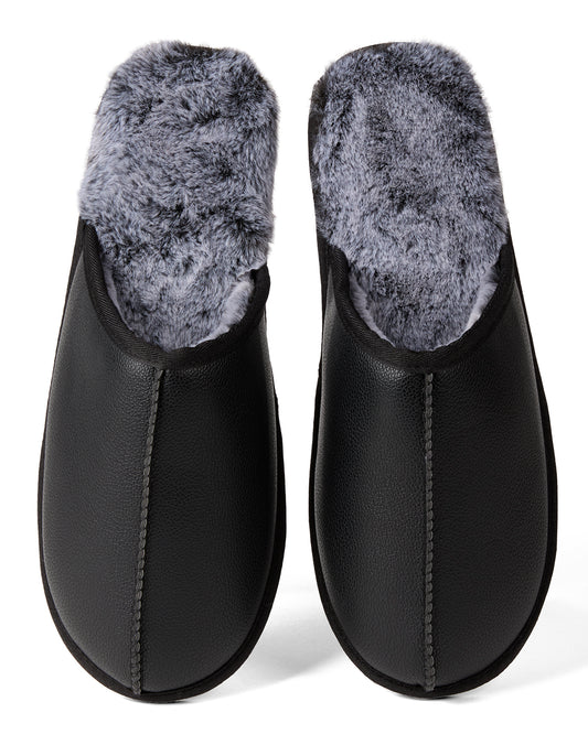 Vegan Leather Men's Plush Slipper : Color: Black