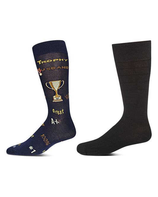 Men's 2 Pair Pack Trophy Husband Novelty Socks : Color: Black-Black