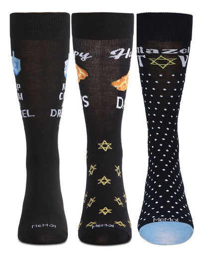 Men's 3 Pair Pack Hanukkah Novelty Crew Socks : Color: Black-Black