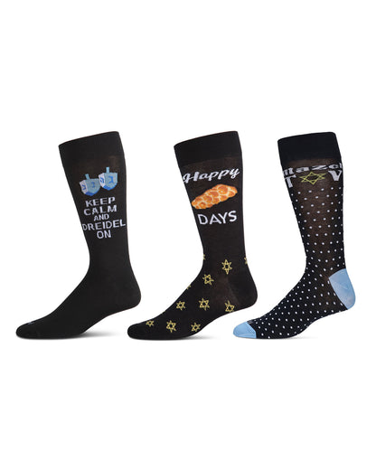 Men's 3 Pair Pack Hanukkah Novelty Crew Socks : Color: Black-Black