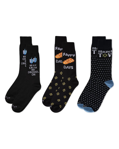 Men's 3 Pair Pack Hanukkah Novelty Crew Socks : Color: Black-Black