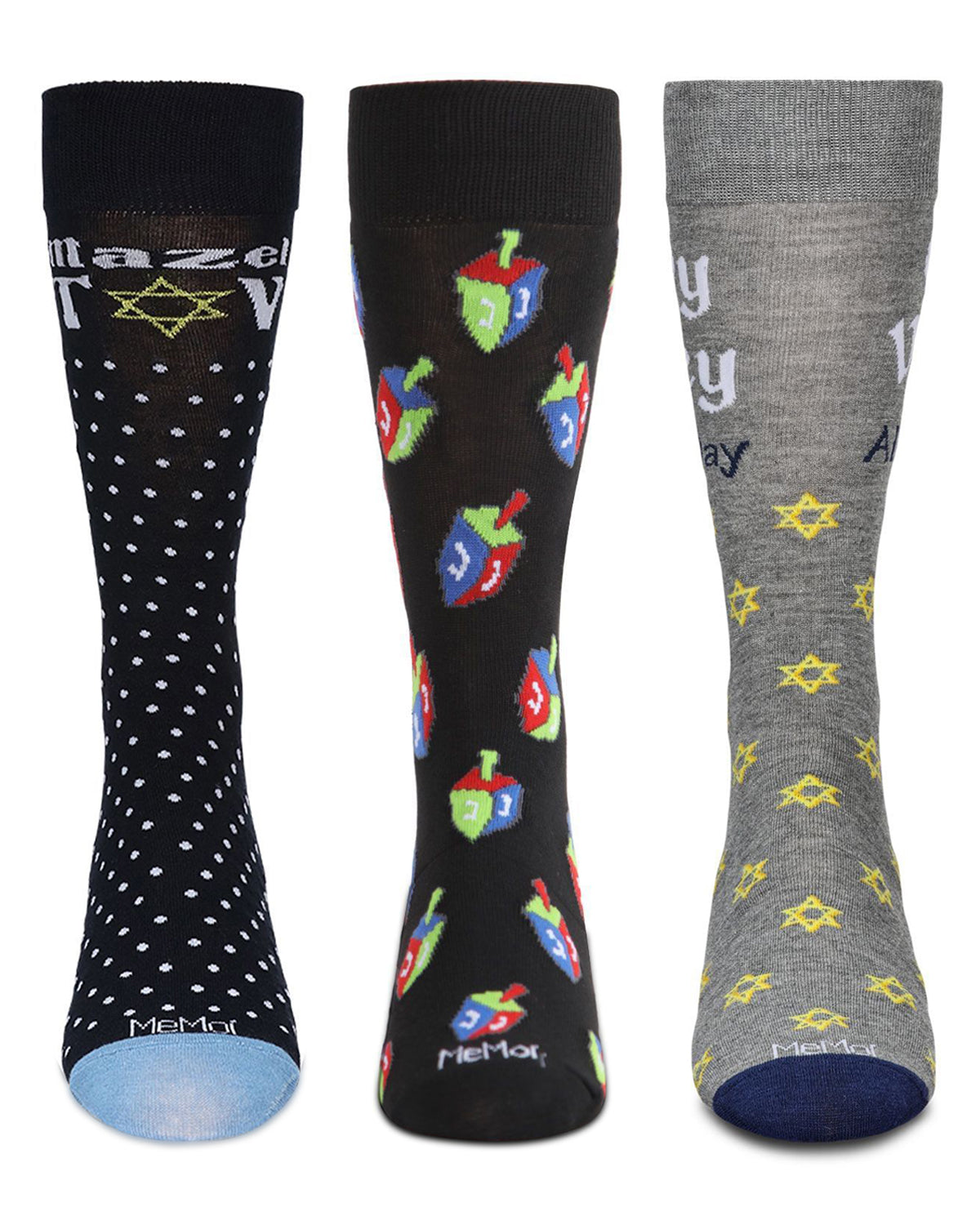 Men's 3 Pair Pack Hanukkah Novelty Crew Socks : Color: Black-Black