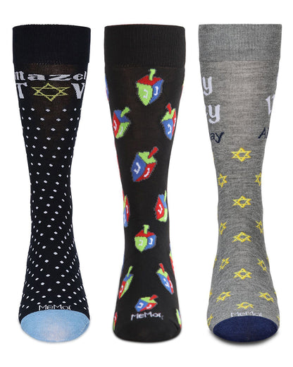 Men's 3 Pair Pack Hanukkah Novelty Crew Socks : Color: Black-Black