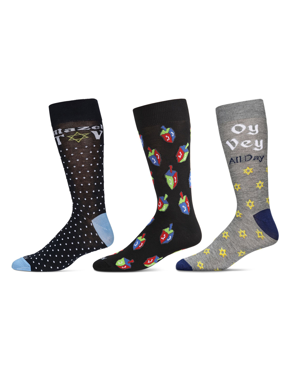 Men's 3 Pair Pack Hanukkah Novelty Crew Socks : Color: Gray-Black