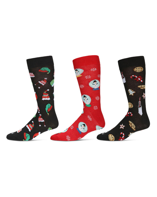 Men's 3 Pair Pack Holiday Novelty Crew Socks : Color: Black-Red