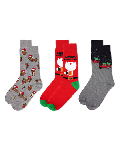 Men's 3 Pair Pack Holiday Novelty Crew Socks : Color: Black-Red