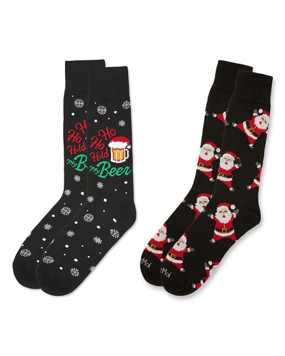 Men's 2 Pair Pack Novelty Holiday Cheer Crew Socks : Color: Black-Black