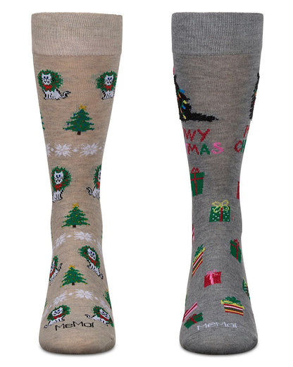 Men's 2 Pair Pack Novelty Christmas Animal Crew Socks : Color: Black-Nude