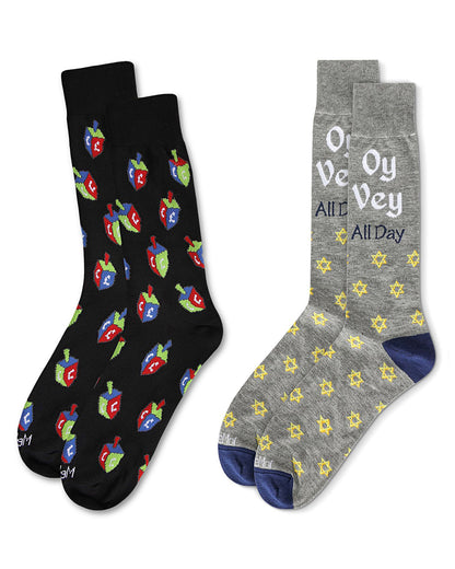 Men's 2 Pair Pack Novelty Hanukkah Holiday Crew Socks : Color: Black-Black