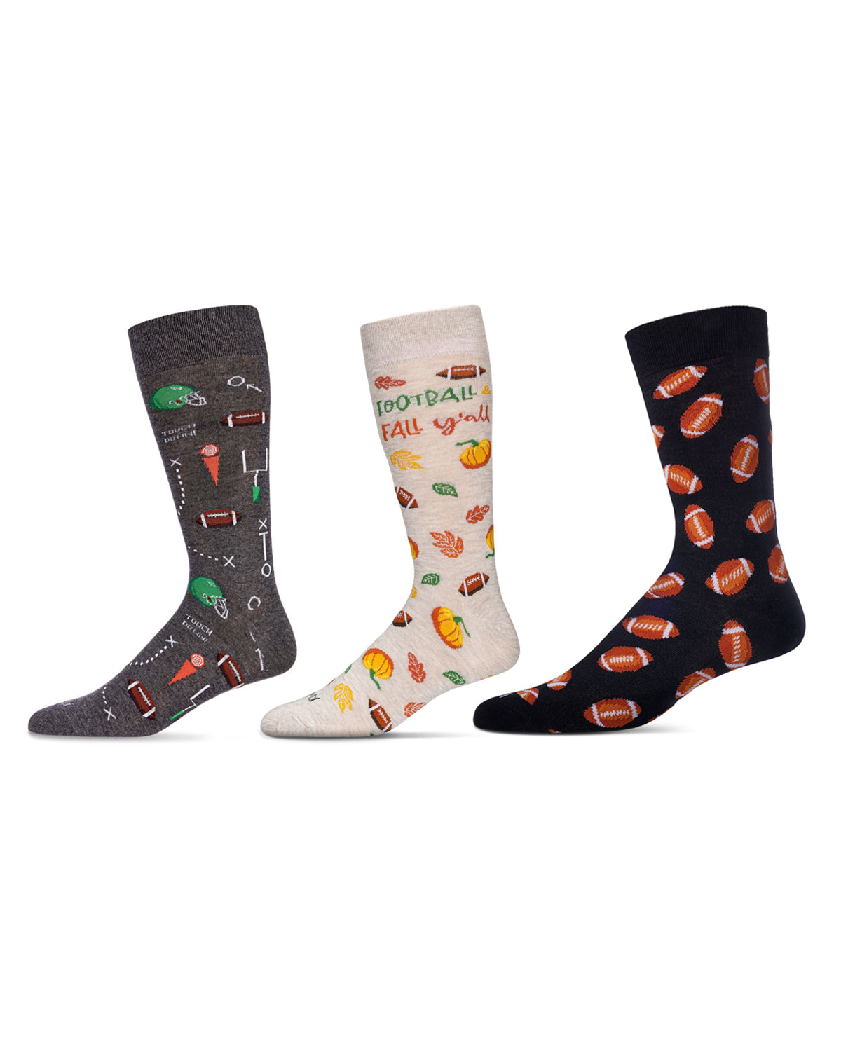 Men's 3 Pair Pack Novelty Sports Crew Socks : Color: Black-Natural
