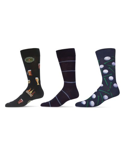 Men's 3 Pair Pack Novelty Sports Crew Socks : Color: Black