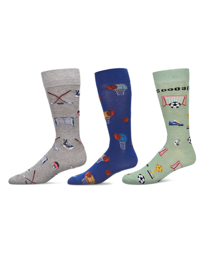 Men's 3 Pair Pack Novelty Sports Crew Socks : Color: Green
