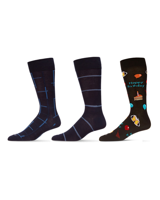 Men's 3 Pair Pack Novelty Happy Birthday Crew Socks : Color: Gray-Black