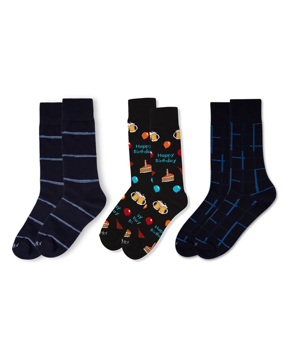 Men's 3 Pair Pack Novelty Happy Birthday Crew Socks : Color: Gray-Black