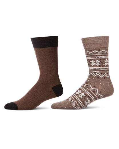 2 Pair Men's Cashmere-Blend Fairisle Snowflake Color Combo Crew Socks